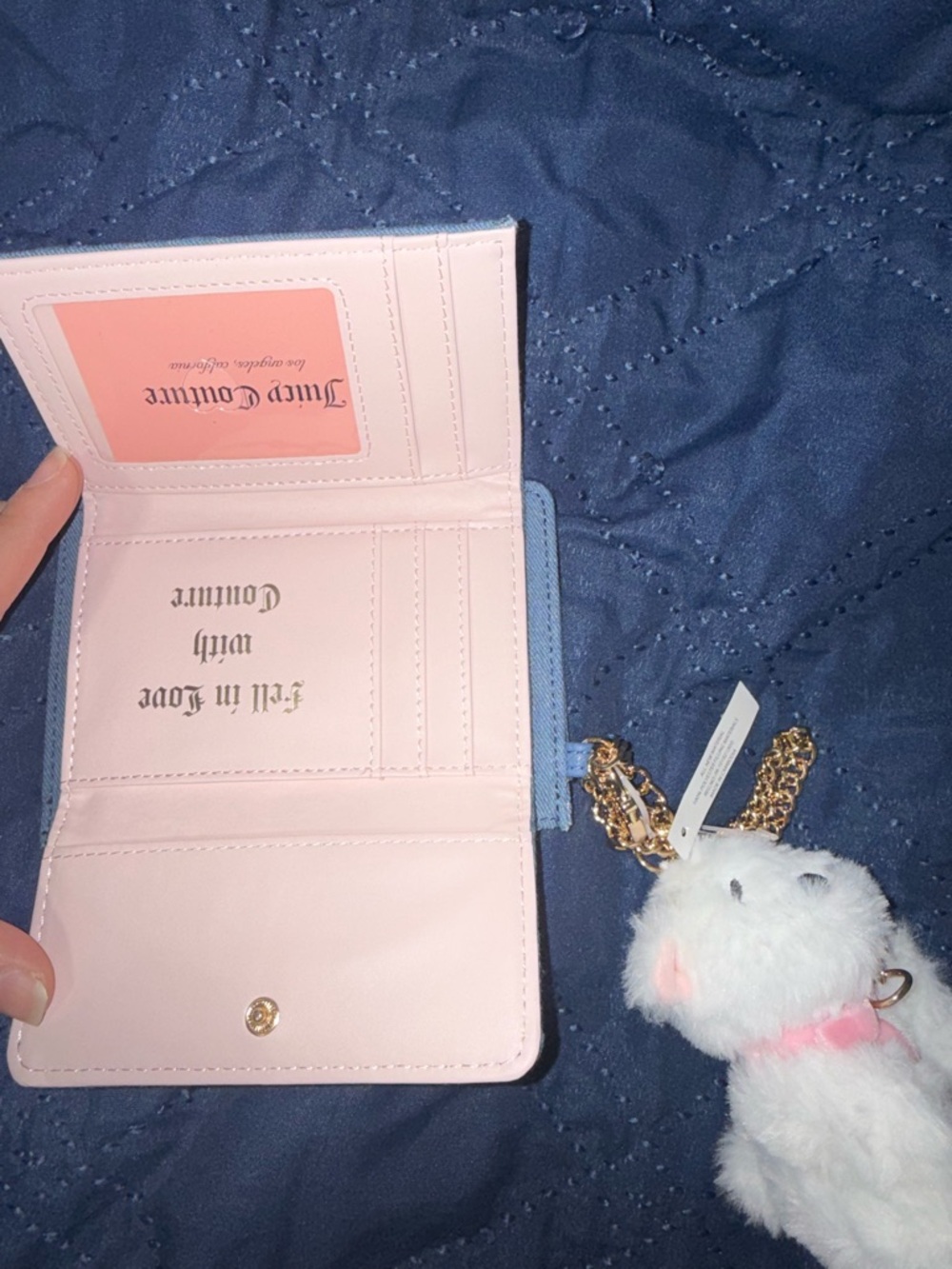Juicy Couture Blue Denim Wallet with Pink Script Logo and White Plush Charm - Picture 6 of 6
